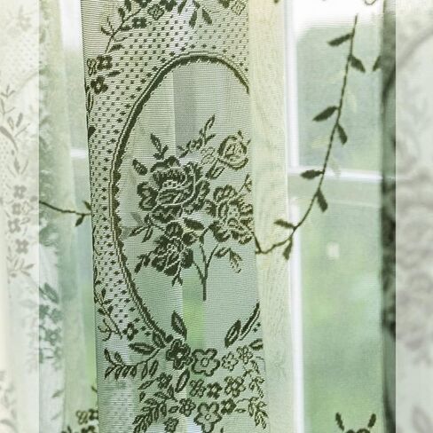 ZZC Lace Sheer Curtains with Scallop Ruffle for Living Room Elegant 70 Inch Long Rustic Vintage Floral Embroidered Voile Panels Rod Pocket Window Treatment Set 2 Panels, Green, W39 x L70 Inch in Saudi Arabia