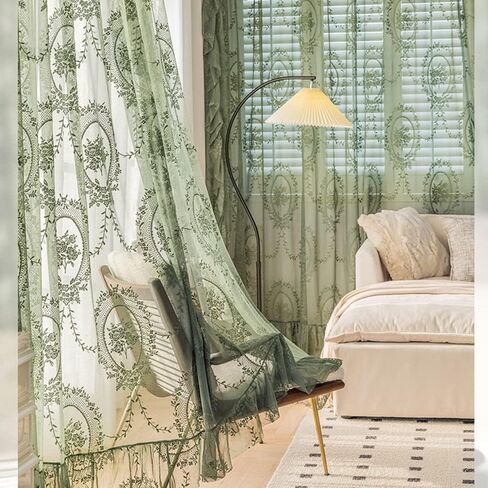 ZZC Lace Sheer Curtains with Scallop Ruffle for Living Room Elegant 70 Inch Long Rustic Vintage Floral Embroidered Voile Panels Rod Pocket Window Treatment Set 2 Panels, Green, W39 x L70 Inch in Saudi Arabia