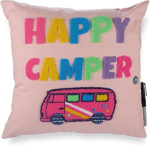 MeMoi Girls Plush-Embroidered Happy Camper Autograph Pillow with Marker Peachy Pink One Size in Kuwait