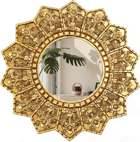 Vintage Gold Round Sunburst Mirror,with Exquisite Relief Elegant Wall Decor,Resin Decorative Mirrors Suitable for Gallery Living Rooms(Gold 12") in Saudi Arabia