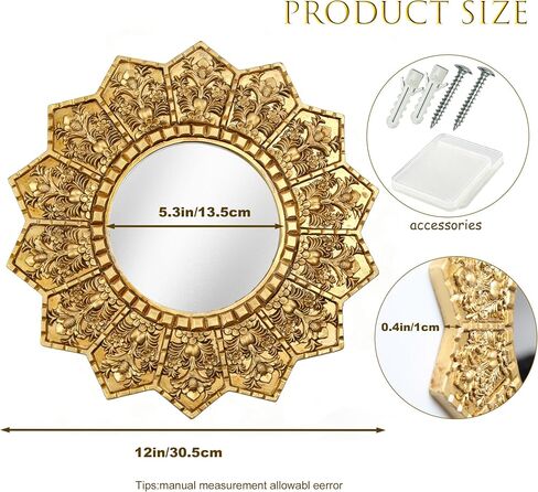 Vintage Gold Round Sunburst Mirror,with Exquisite Relief Elegant Wall Decor,Resin Decorative Mirrors Suitable for Gallery Living Rooms(Gold 12") in Saudi Arabia