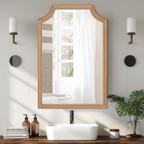 HOMECOOKIN 20" x 30" Scalloped Wood Mirror, Rectangle Wall Mirror, Vintage Vogue Wood Bathroom Mirror, Art Decor for Hallway, Bedroom, Living Room, Entryway (Honey) in Saudi Arabia