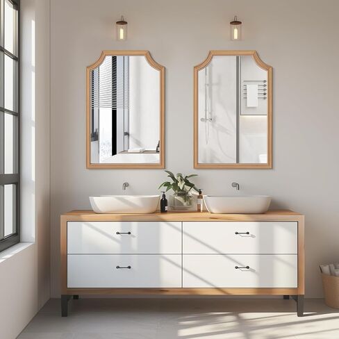 HOMECOOKIN 20" x 30" Scalloped Wood Mirror, Rectangle Wall Mirror, Vintage Vogue Wood Bathroom Mirror, Art Decor for Hallway, Bedroom, Living Room, Entryway (Honey) in Saudi Arabia
