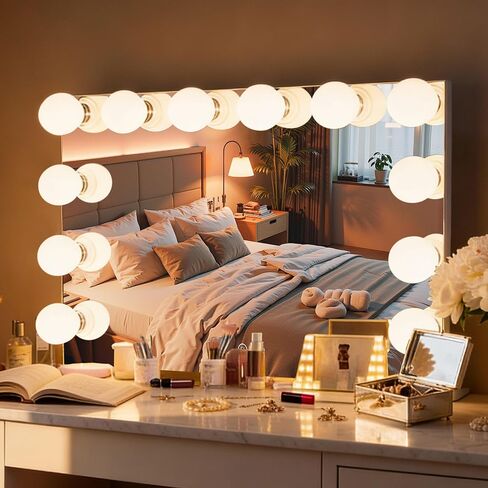 FENCHILIN 32 x 23 Inch Vanity Mirror with Large Replaceable Bulbs Smart Hollywood Makeup Mirror with Lights Tabletop Wall-Mounted Setting for Bedroom Home Vanity Desk, White in Kuwait