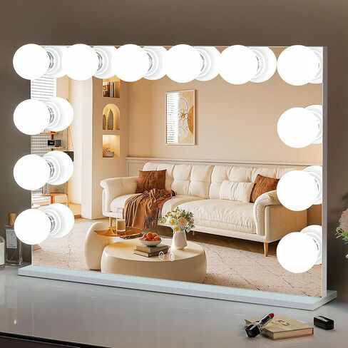 FENCHILIN 32 x 23 Inch Vanity Mirror with Large Replaceable Bulbs Smart Hollywood Makeup Mirror with Lights Tabletop Wall-Mounted Setting for Bedroom Home Vanity Desk, White in Kuwait