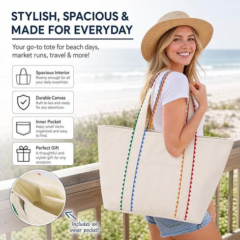 Canvas Tote Bag for Women,Large Beach Tote with Colorful Rickrack Trim,Shoulder Bags for Travel,Summer in Saudi Arabia