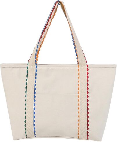 Canvas Tote Bag for Women,Large Beach Tote with Colorful Rickrack Trim,Shoulder Bags for Travel,Summer in Kuwait