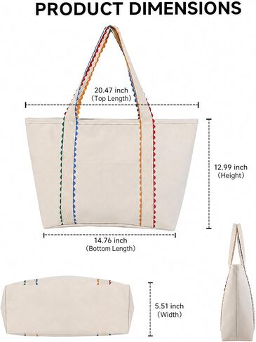 Canvas Tote Bag for Women,Large Beach Tote with Colorful Rickrack Trim,Shoulder Bags for Travel,Summer in Kuwait