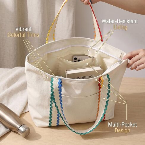 Canvas Tote Bag for Women,Large Beach Tote with Colorful Rickrack Trim,Shoulder Bags for Travel,Summer in Kuwait
