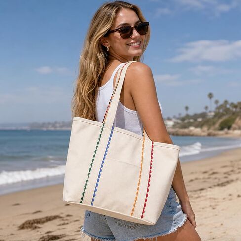 Canvas Tote Bag for Women,Large Beach Tote with Colorful Rickrack Trim,Shoulder Bags for Travel,Summer in Kuwait