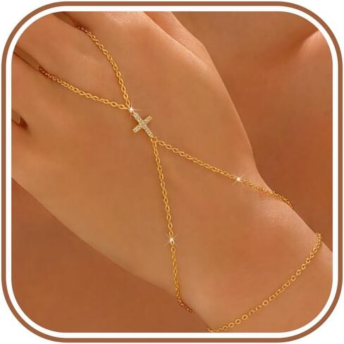 LOVECOM 14k Gold Plated Cross Hand Chain Bracelet for Women 925 Sterling Silver Christian Purity Pray Ring Bracelet Wrist Waterproof Simple Finger Bracelets Non Tarnish Jewelry Gifts for Mom in Saudi Arabia