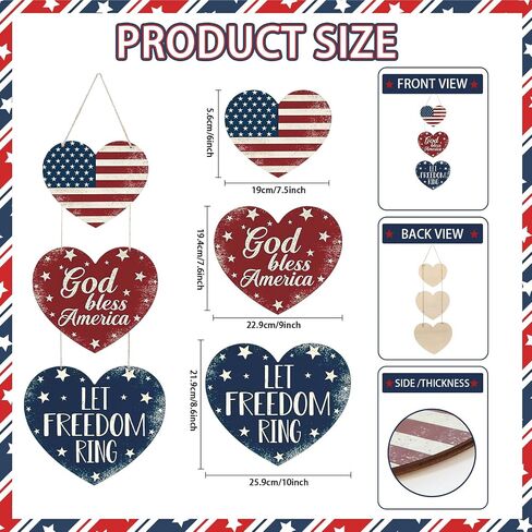 4th of July Decorations Heart Patriotic Wreath Hanging Sign for Front Door Wooden 4th of July Wreaths Red White Blue Independence Day Door Sign for Memorial Day 250th Anniversary Party Home Wall Decor in Saudi Arabia
