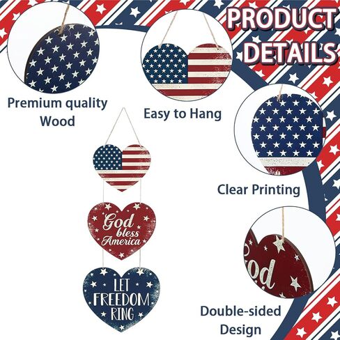 4th of July Decorations Heart Patriotic Wreath Hanging Sign for Front Door Wooden 4th of July Wreaths Red White Blue Independence Day Door Sign for Memorial Day 250th Anniversary Party Home Wall Decor in Saudi Arabia
