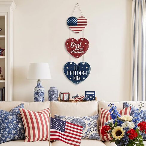 4th of July Decorations Heart Patriotic Wreath Hanging Sign for Front Door Wooden 4th of July Wreaths Red White Blue Independence Day Door Sign for Memorial Day 250th Anniversary Party Home Wall Decor in Saudi Arabia