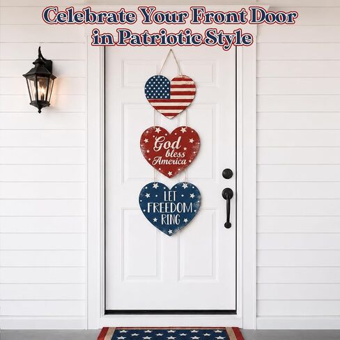 4th of July Decorations Heart Patriotic Wreath Hanging Sign for Front Door Wooden 4th of July Wreaths Red White Blue Independence Day Door Sign for Memorial Day 250th Anniversary Party Home Wall Decor in Saudi Arabia