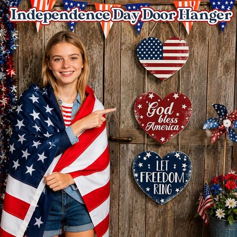 4th of July Decorations Heart Patriotic Wreath Hanging Sign for Front Door Wooden 4th of July Wreaths Red White Blue Independence Day Door Sign for Memorial Day 250th Anniversary Party Home Wall Decor in Saudi Arabia