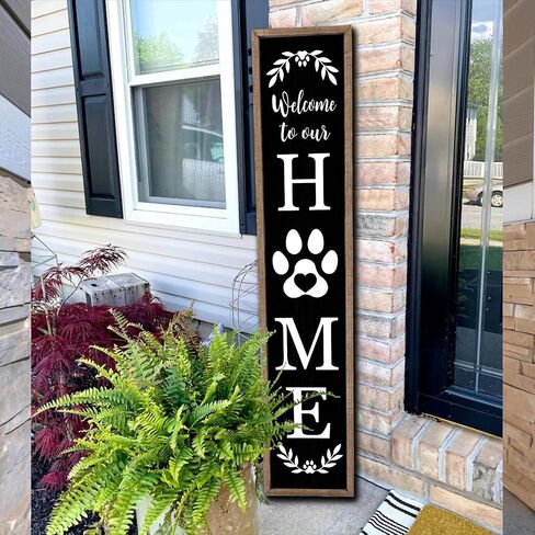Surfapans Welcome To Our Home Sign For Front Porch Standing 45"X9" Large Rustic Farmhouse Outdoor Tall Wood Framed Vertical Paw Print Welcome Signs Modern Outside Front Door Wall Decor (Wood Black) in Saudi Arabia