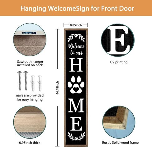 Surfapans Welcome To Our Home Sign For Front Porch Standing 45"X9" Large Rustic Farmhouse Outdoor Tall Wood Framed Vertical Paw Print Welcome Signs Modern Outside Front Door Wall Decor (Wood Black) in Saudi Arabia