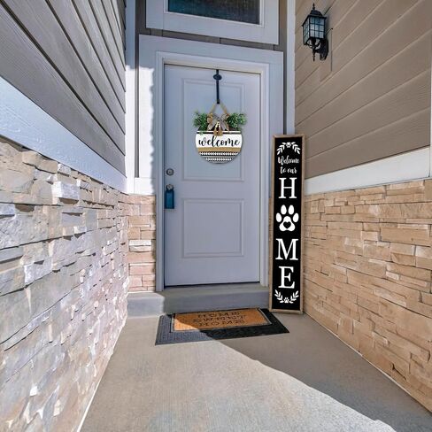 Surfapans Welcome To Our Home Sign For Front Porch Standing 45"X9" Large Rustic Farmhouse Outdoor Tall Wood Framed Vertical Paw Print Welcome Signs Modern Outside Front Door Wall Decor (Wood Black) in Saudi Arabia