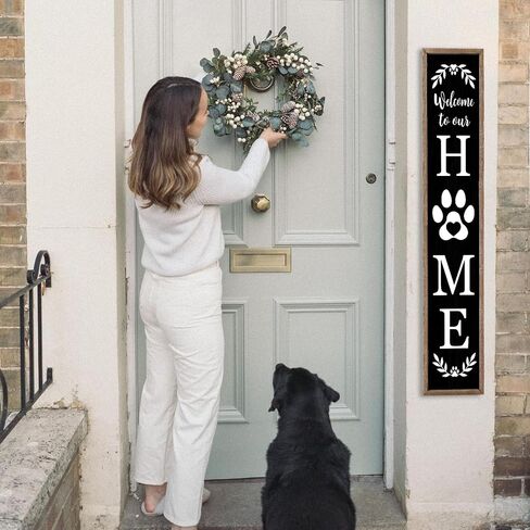 Surfapans Welcome To Our Home Sign For Front Porch Standing 45"X9" Large Rustic Farmhouse Outdoor Tall Wood Framed Vertical Paw Print Welcome Signs Modern Outside Front Door Wall Decor (Wood Black) in Saudi Arabia