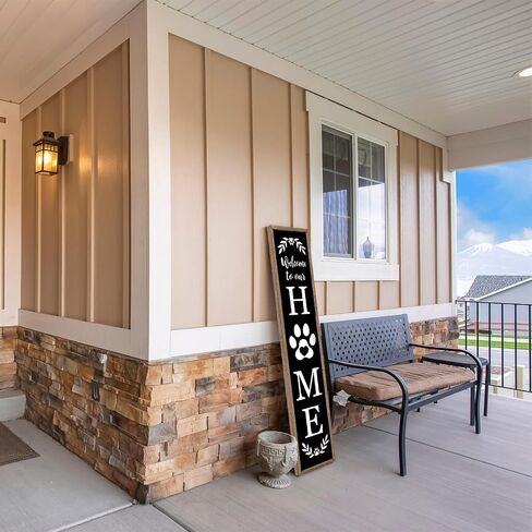 Surfapans Welcome To Our Home Sign For Front Porch Standing 45"X9" Large Rustic Farmhouse Outdoor Tall Wood Framed Vertical Paw Print Welcome Signs Modern Outside Front Door Wall Decor (Wood Black) in Saudi Arabia