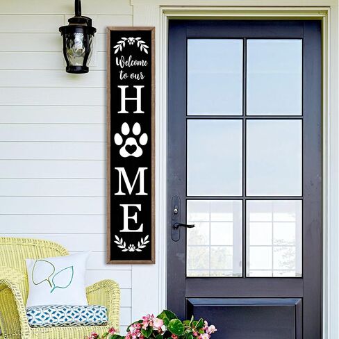 Surfapans Welcome To Our Home Sign For Front Porch Standing 45"X9" Large Rustic Farmhouse Outdoor Tall Wood Framed Vertical Paw Print Welcome Signs Modern Outside Front Door Wall Decor (Wood Black) in Saudi Arabia
