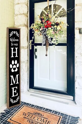 Surfapans Welcome To Our Home Sign For Front Porch Standing 45"X9" Large Rustic Farmhouse Outdoor Tall Wood Framed Vertical Paw Print Welcome Signs Modern Outside Front Door Wall Decor (Wood Black) in Saudi Arabia