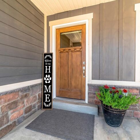 Surfapans Welcome To Our Home Sign For Front Porch Standing 45"X9" Large Rustic Farmhouse Outdoor Tall Wood Framed Vertical Paw Print Welcome Signs Modern Outside Front Door Wall Decor (Wood Black) in Saudi Arabia