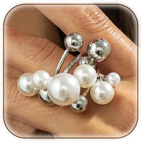 Cluster Pearl Ball Adjustable Open Ring for Women Gold Silver Tone Statement Cocktail Ring for Daily Wear Party Date Night in Saudi Arabia