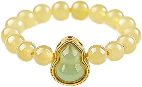 ANNIE WU Natural Yellow Jade Beaded Ring for Women, Adjustable Stretch Jade Ring with Chalcedony Gourd Pendant, Gold Plated Lucky Prosperity Jewelry, Crystal Ring Gift for Mom Wife Daughter Girlfriend in Saudi Arabia