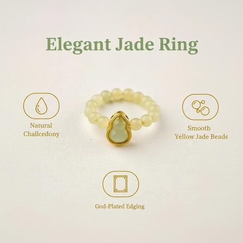 ANNIE WU Natural Yellow Jade Beaded Ring for Women, Adjustable Stretch Jade Ring with Chalcedony Gourd Pendant, Gold Plated Lucky Prosperity Jewelry, Crystal Ring Gift for Mom Wife Daughter Girlfriend in Saudi Arabia