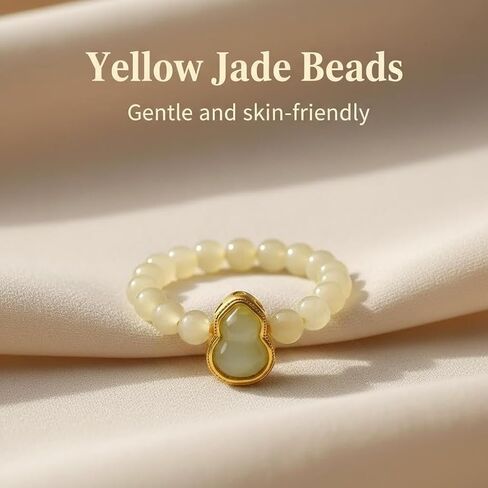 ANNIE WU Natural Yellow Jade Beaded Ring for Women, Adjustable Stretch Jade Ring with Chalcedony Gourd Pendant, Gold Plated Lucky Prosperity Jewelry, Crystal Ring Gift for Mom Wife Daughter Girlfriend in Saudi Arabia