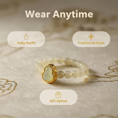 ANNIE WU Natural Yellow Jade Beaded Ring for Women, Adjustable Stretch Jade Ring with Chalcedony Gourd Pendant, Gold Plated Lucky Prosperity Jewelry, Crystal Ring Gift for Mom Wife Daughter Girlfriend in Saudi Arabia