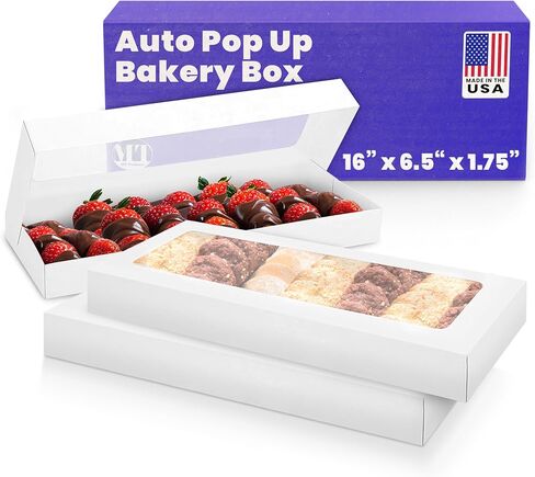 صندوق مخبوزات من الورق المقوى الأبيض الجميل المنبثق تلقائيًا بطول 16 انش × عرض 6.5 انش × ارتفاع 1.75 انش مع نافذة شفافة لرؤية المنتج من ام تي برودكتس (عبوة من 15 قطعة) in Kuwait