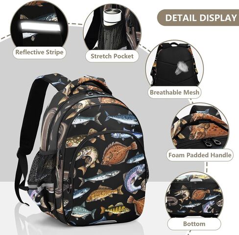 Sea and Freshwater Fish Black Backpack for School Study Book Bag Laptop Backpack Work Travel Computer Bags in Kuwait