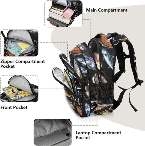 Sea and Freshwater Fish Black Backpack for School Study Book Bag Laptop Backpack Work Travel Computer Bags in Kuwait