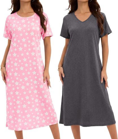 2 Pack Long Nightgowns for Women Short Sleeve House Dress Soft Night Shirts Full Length Loungwear in Saudi Arabia