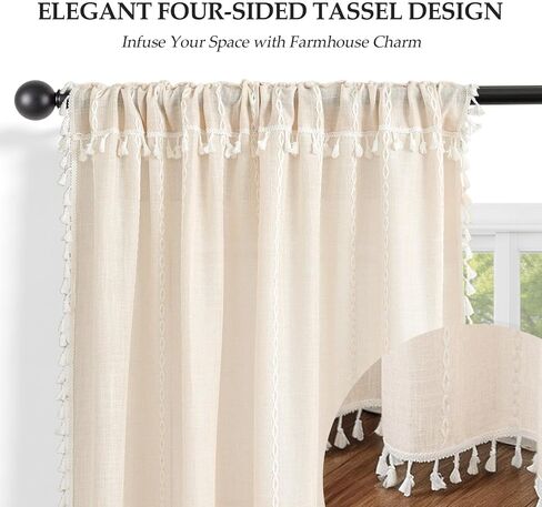 Boho Curtains with Tassels for Living Room 84 inches Long, Light Filtering Semi-Sheer Farmhouse Curtains Drapes with Embroidered Stripe,Rod Pocket/Back Tab, 2 Panels, 52" W x 84" L Natural in Kuwait