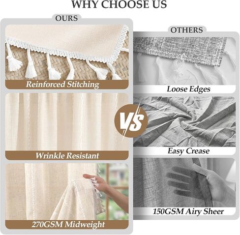 Boho Curtains with Tassels for Living Room 84 inches Long, Light Filtering Semi-Sheer Farmhouse Curtains Drapes with Embroidered Stripe,Rod Pocket/Back Tab, 2 Panels, 52" W x 84" L Natural in Kuwait