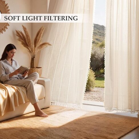 Boho Curtains with Tassels for Living Room 84 inches Long, Light Filtering Semi-Sheer Farmhouse Curtains Drapes with Embroidered Stripe,Rod Pocket/Back Tab, 2 Panels, 52" W x 84" L Natural in Kuwait