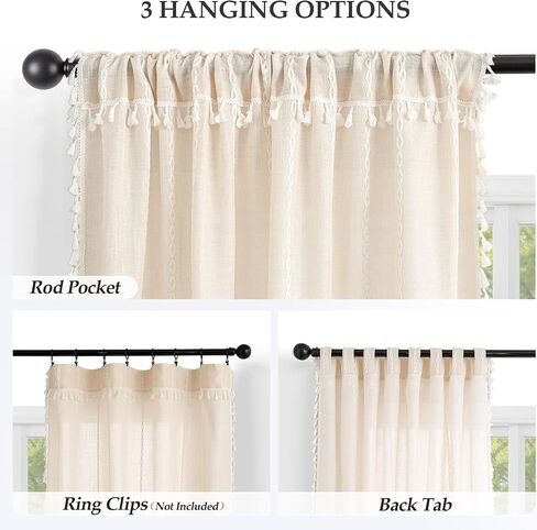 Boho Curtains with Tassels for Living Room 84 inches Long, Light Filtering Semi-Sheer Farmhouse Curtains Drapes with Embroidered Stripe,Rod Pocket/Back Tab, 2 Panels, 52" W x 84" L Natural in Kuwait
