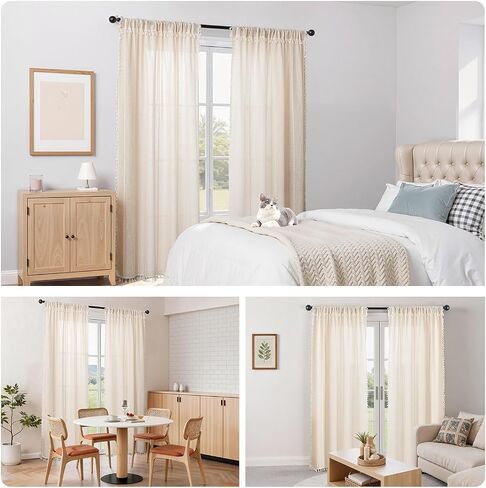 Boho Curtains with Tassels for Living Room 84 inches Long, Light Filtering Semi-Sheer Farmhouse Curtains Drapes with Embroidered Stripe,Rod Pocket/Back Tab, 2 Panels, 52" W x 84" L Natural in Kuwait