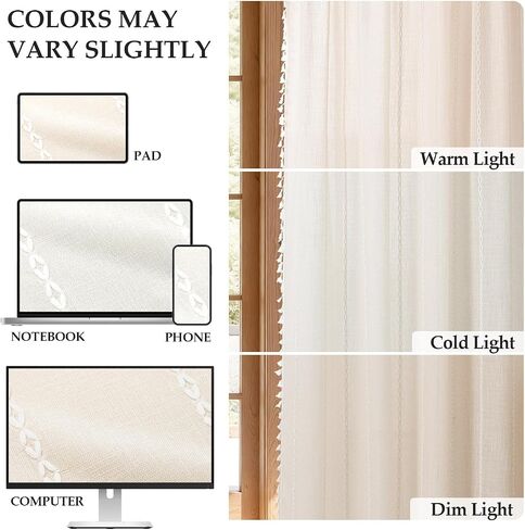 Boho Curtains with Tassels for Living Room 84 inches Long, Light Filtering Semi-Sheer Farmhouse Curtains Drapes with Embroidered Stripe,Rod Pocket/Back Tab, 2 Panels, 52" W x 84" L Natural in Kuwait