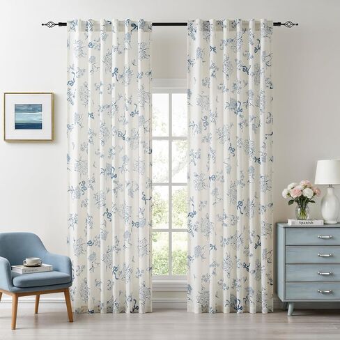 Dusty Blue Peony Floral Linen Curtains 84 Inches Long for Living Room Dining 2 Panels Back Tab Semi Sheer Light Filtering Vintage Farmhouse Boho Flower Bowknot Pattern Bedroom Window Drapes 52x84 in Saudi Arabia