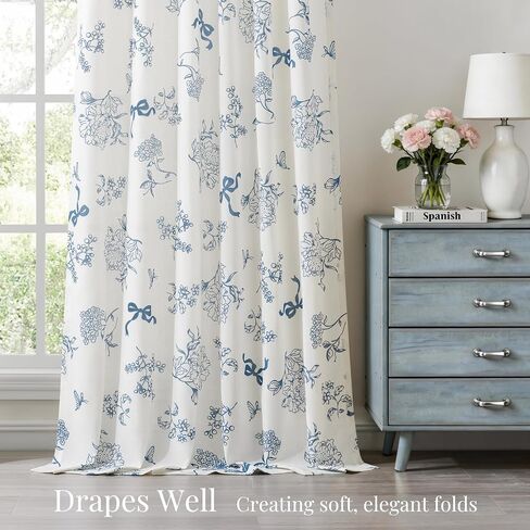 Dusty Blue Peony Floral Linen Curtains 84 Inches Long for Living Room Dining 2 Panels Back Tab Semi Sheer Light Filtering Vintage Farmhouse Boho Flower Bowknot Pattern Bedroom Window Drapes 52x84 in Saudi Arabia
