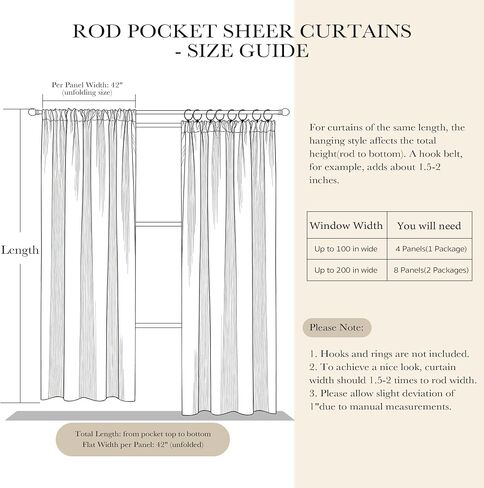 PONY DANCE 4 Panels Sheer Curtains 90 Inches Long, Rod Pocket Light Filtering Voile Window Drapes for Living Room & Bedroom, Airy Soft Breathable Fabric Window Treatments, Beige, W 42" x L 90" in Saudi Arabia
