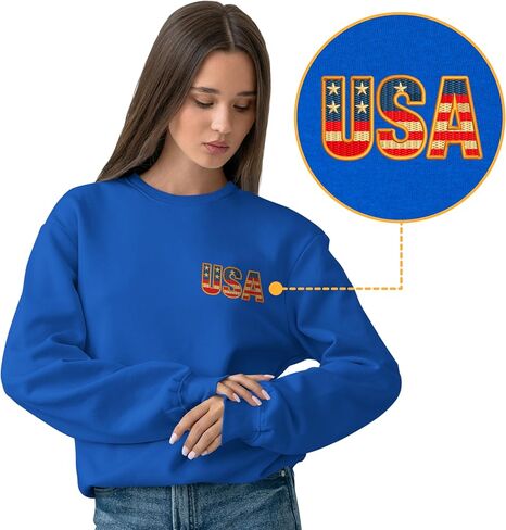 Embroidery USA Flag Long Sleeve Men Women Sweatshirt Pullover America Patriotic Crew Neck Sweater Large Royal Blue in Saudi Arabia