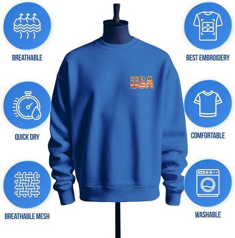 Embroidery USA Flag Long Sleeve Men Women Sweatshirt Pullover America Patriotic Crew Neck Sweater Large Royal Blue in Saudi Arabia