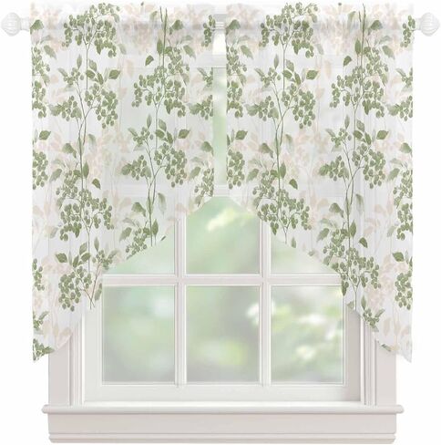 Sage Green Leaves Swag Curtains 36 Inch Length 2 Panels Set,Short Semi-Sheer Curtain Drapes Rod Pocket Valance Drapery for Kitchen,Bathroom Window Wildflower Herbs Floral Spring Summer 56" Wx36 L in Saudi Arabia