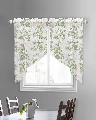 Sage Green Leaves Swag Curtains 36 Inch Length 2 Panels Set,Short Semi-Sheer Curtain Drapes Rod Pocket Valance Drapery for Kitchen,Bathroom Window Wildflower Herbs Floral Spring Summer 56" Wx36 L in Saudi Arabia